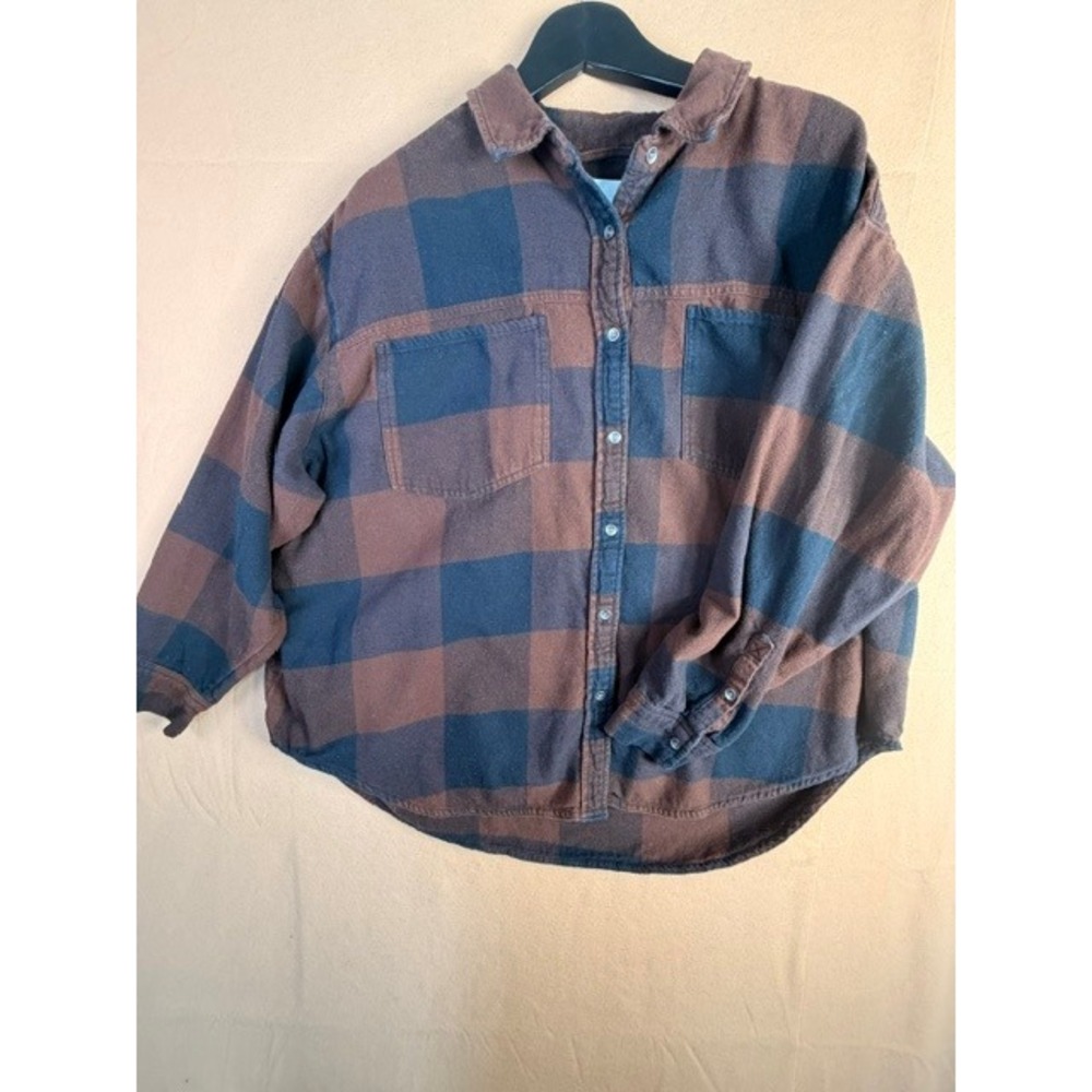 Aerie XL Oversized Buffalo Plaid Flannel Shirt Brown Black Cotton Shacket